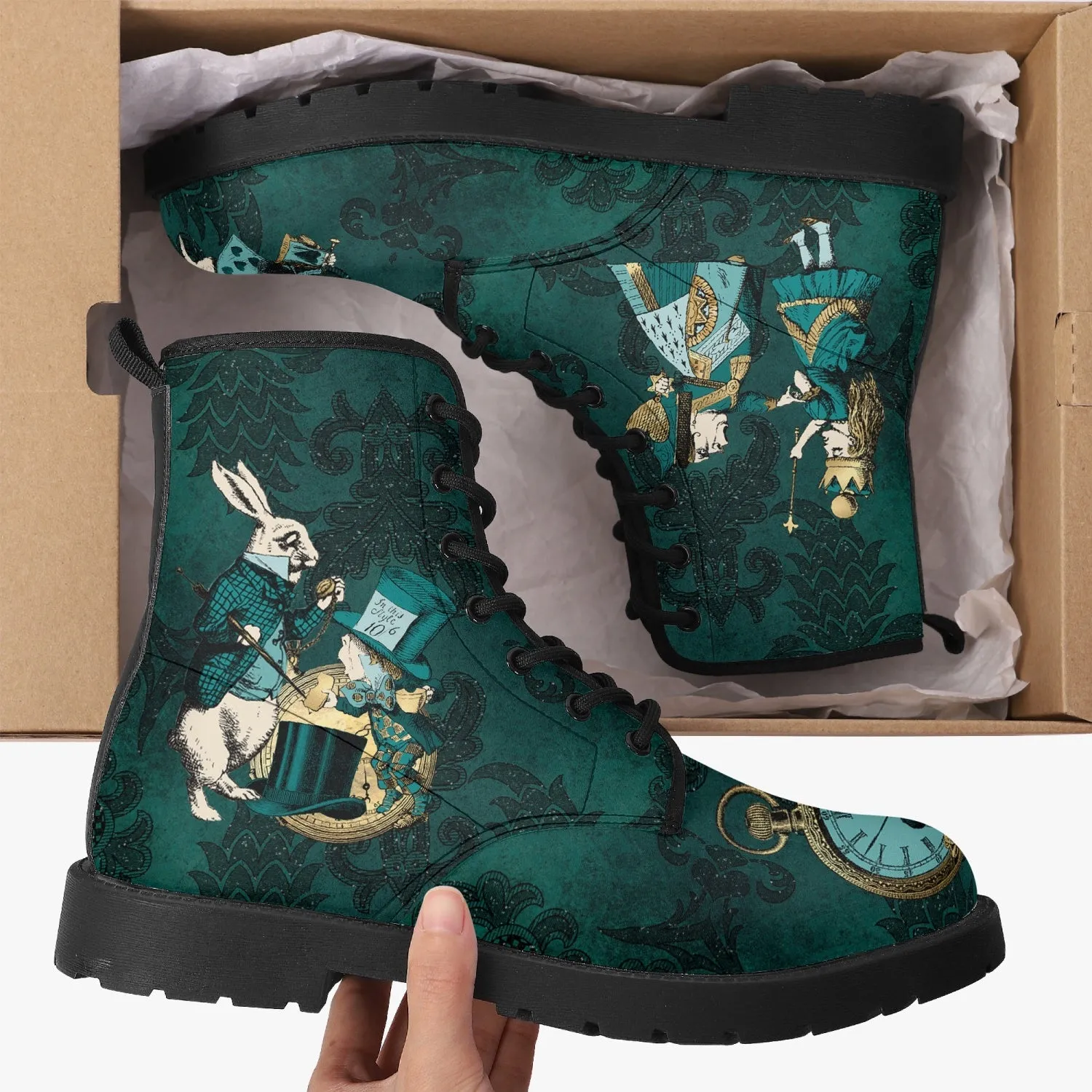Alice In Wonderland Dark Green and Gold Vegan Leather Combat Boots (JPDGA1)