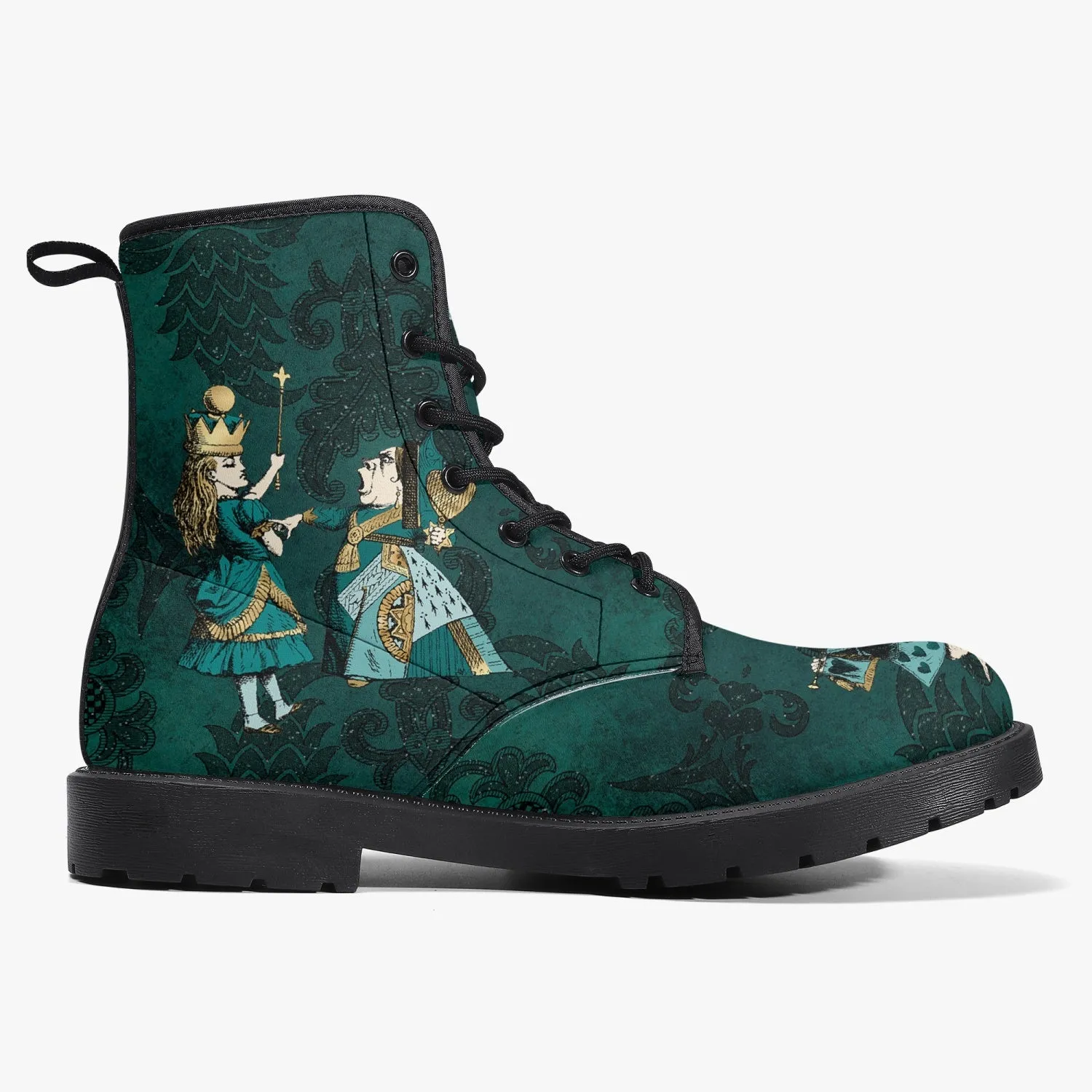 Alice In Wonderland Dark Green and Gold Vegan Leather Combat Boots (JPDGA1)