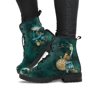 Alice In Wonderland Dark Green and Gold Vegan Leather Combat Boots (JPDGA1)