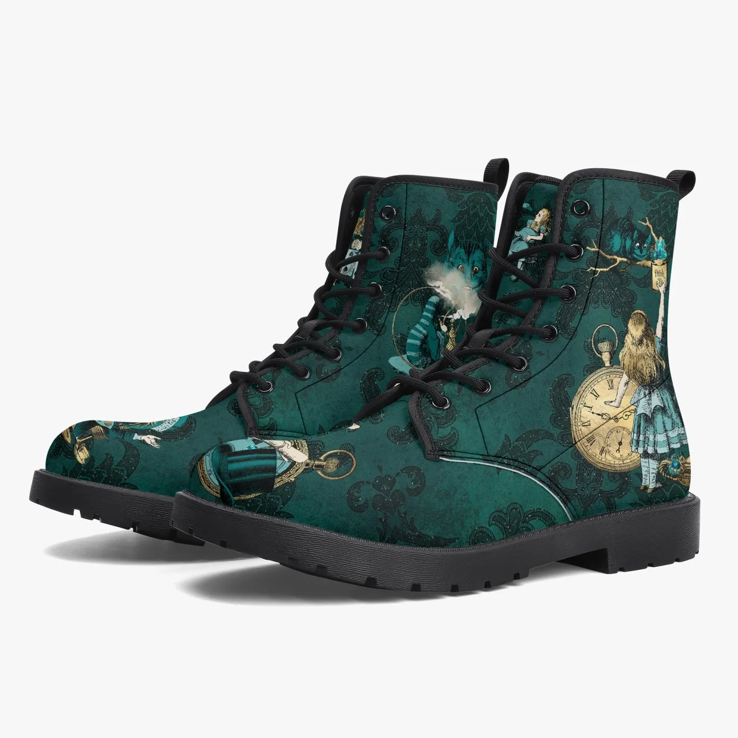 Alice In Wonderland Dark Green and Gold Vegan Leather Combat Boots (JPDGA1)