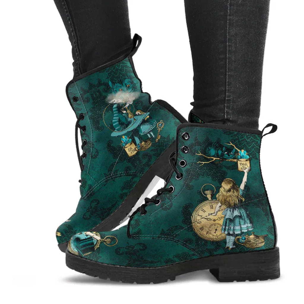 Alice In Wonderland Dark Green and Gold Vegan Leather Combat Boots (JPDGA1)