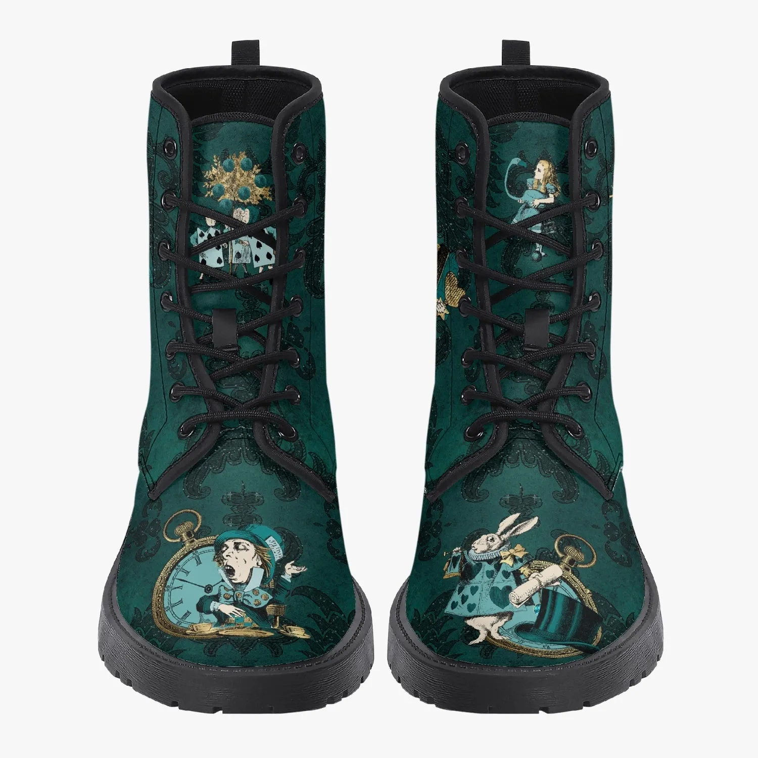 Alice In Wonderland Dark Green and Gold Vegan Leather Combat Boots (JPDGA1)