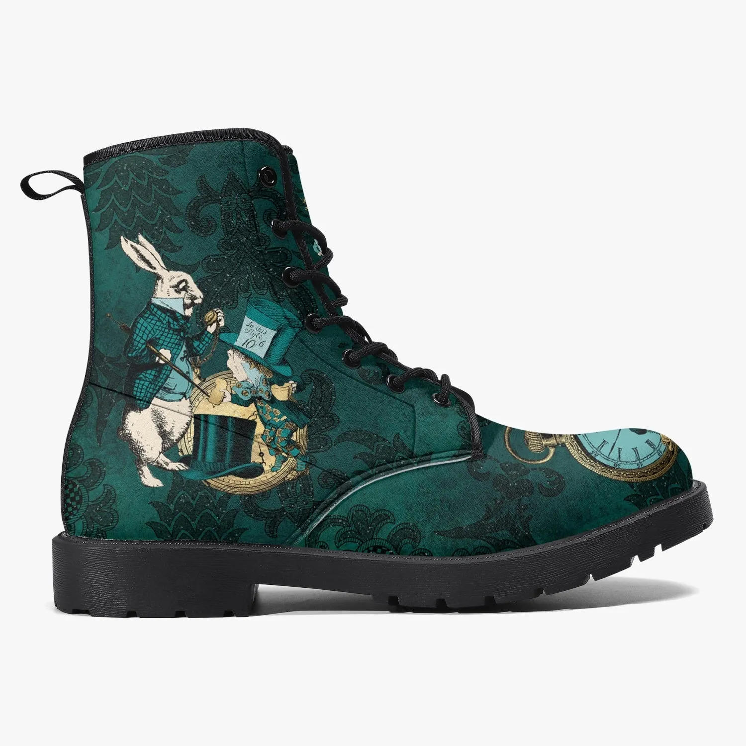 Alice In Wonderland Dark Green and Gold Vegan Leather Combat Boots (JPDGA1)