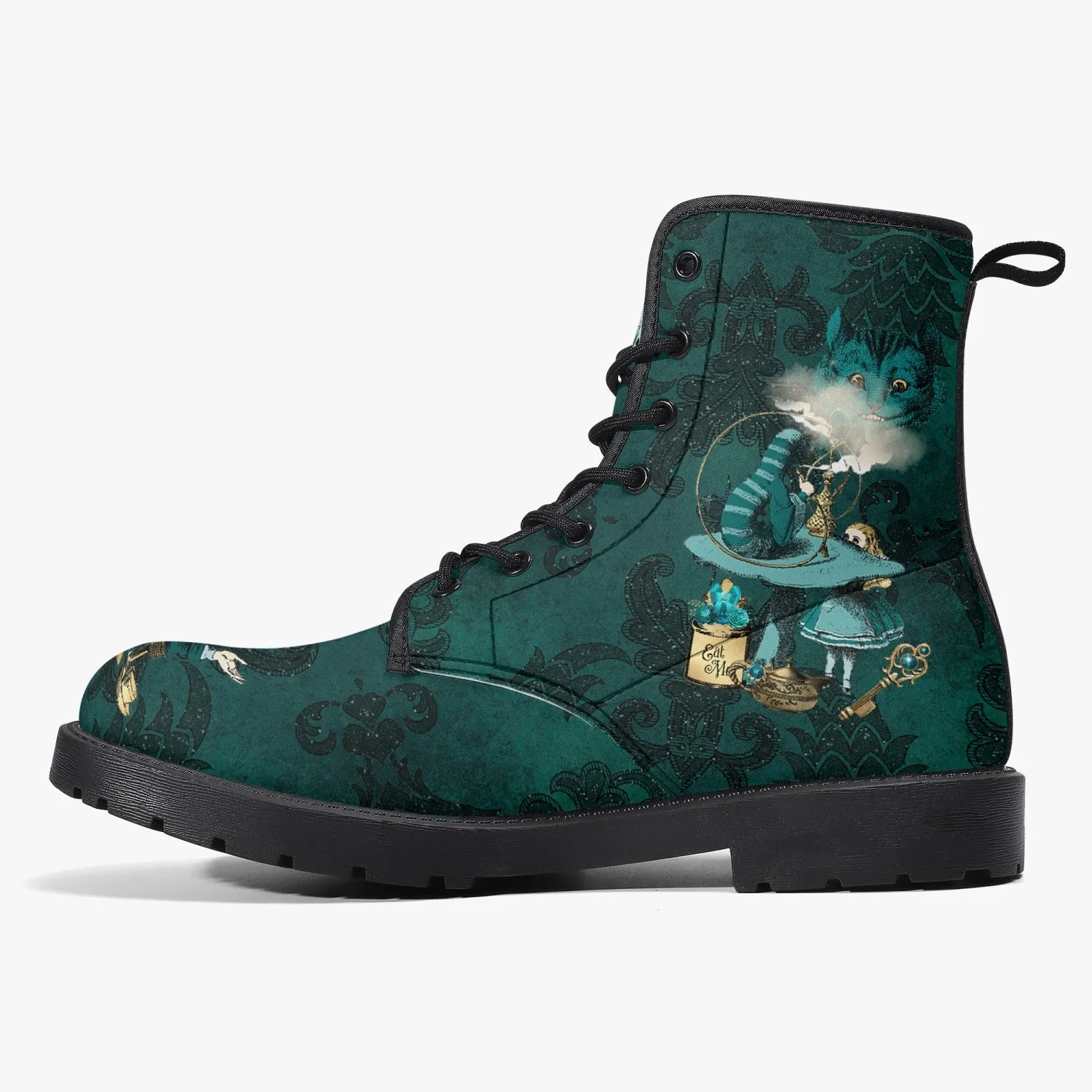 Alice In Wonderland Dark Green and Gold Vegan Leather Combat Boots (JPDGA1)