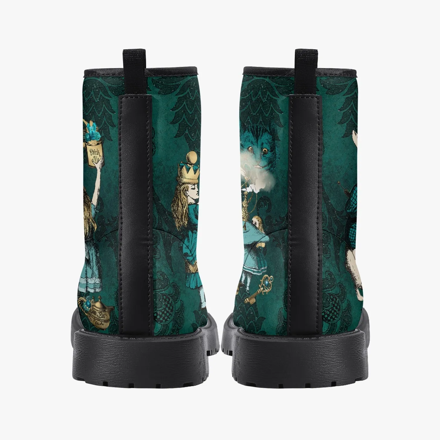 Alice In Wonderland Dark Green and Gold Vegan Leather Combat Boots (JPDGA1)