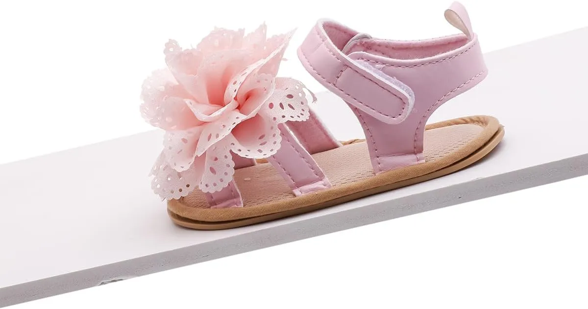 Baby Girl Sandals with Lace Flower Headband Premium PU Leather Soft Sole Indoor/Outdoor Sandals Anti-Slip Rubber Soles for Infants 3-18 Months First Walking Summer Shoes