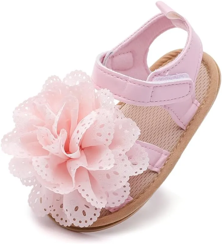 Baby Girl Sandals with Lace Flower Headband Premium PU Leather Soft Sole Indoor/Outdoor Sandals Anti-Slip Rubber Soles for Infants 3-18 Months First Walking Summer Shoes