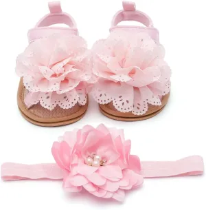 Baby Girl Sandals with Lace Flower Headband Premium PU Leather Soft Sole Indoor/Outdoor Sandals Anti-Slip Rubber Soles for Infants 3-18 Months First Walking Summer Shoes