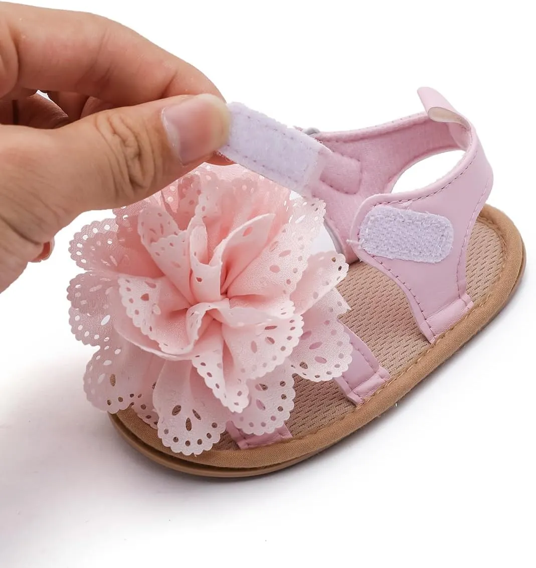 Baby Girl Sandals with Lace Flower Headband Premium PU Leather Soft Sole Indoor/Outdoor Sandals Anti-Slip Rubber Soles for Infants 3-18 Months First Walking Summer Shoes