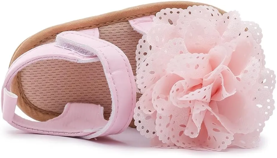 Baby Girl Sandals with Lace Flower Headband Premium PU Leather Soft Sole Indoor/Outdoor Sandals Anti-Slip Rubber Soles for Infants 3-18 Months First Walking Summer Shoes
