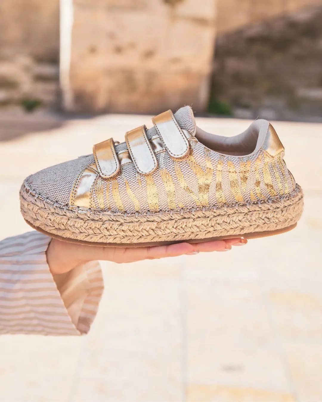 Basket espadrille femme dorée à scratch - Carine