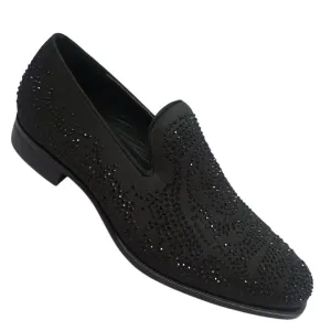 Black Satin Material Men's Shoes Glitter Stone Tuxedo Pron Slip-On Loafer Style-S61