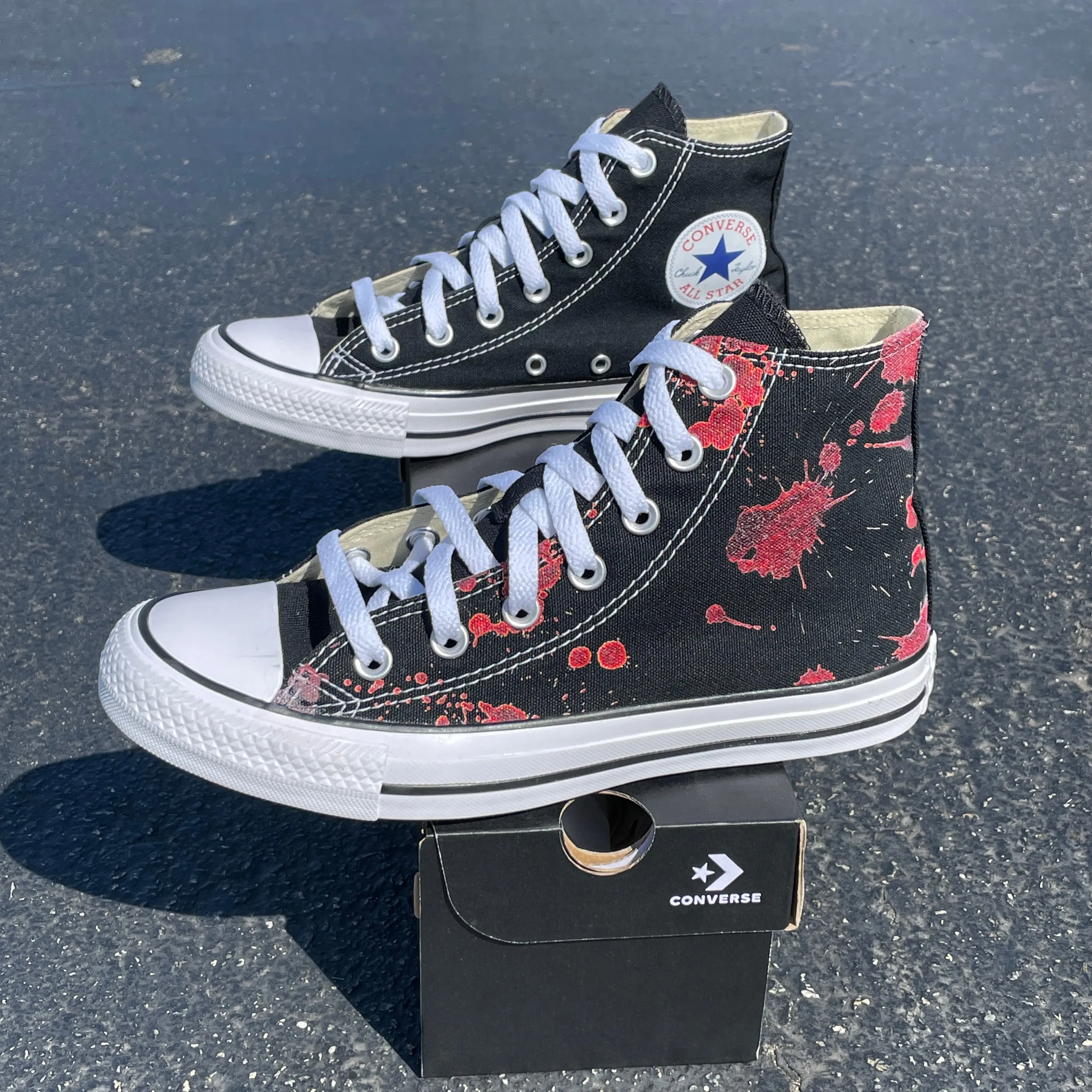 Blood Splatter Black High Tops - Custom Black High Top Sneakers - Custom Converse Shoes