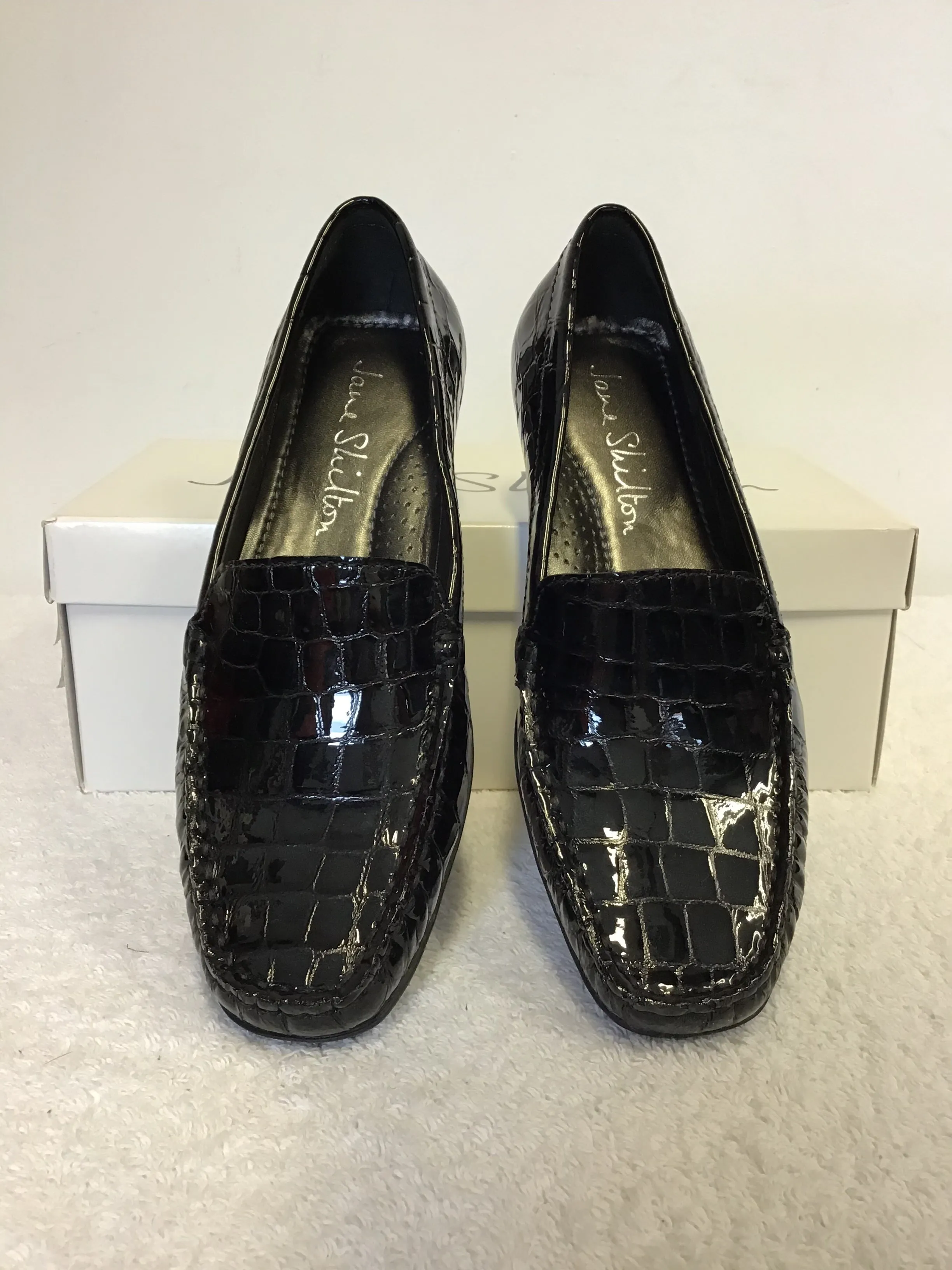 BRAND NEW JANE SHILTON BLACK PATENT LEATHER CROC PRINT LOAFERS SIZE 4/37