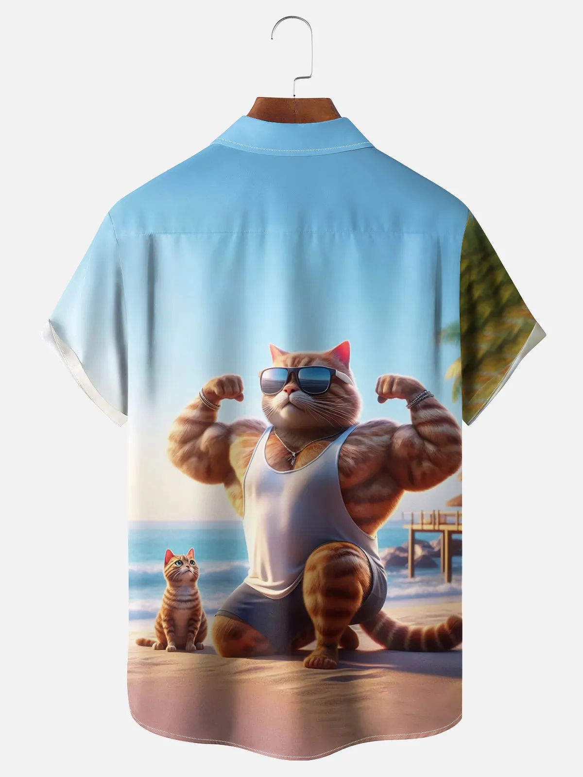 Buff Chad Ginger Cat Showing Off on the Beach Short Sleeve Shirt