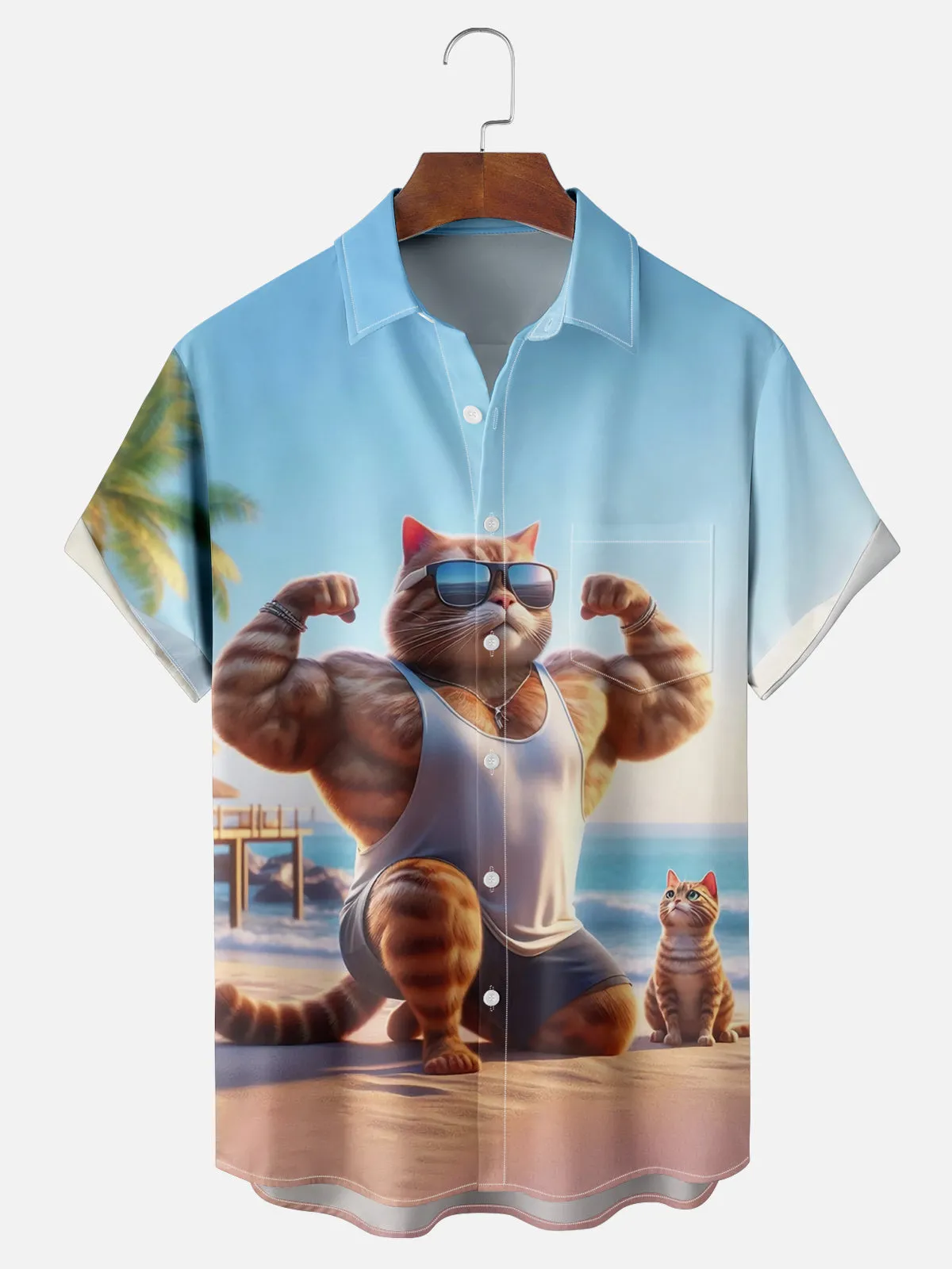 Buff Chad Ginger Cat Showing Off on the Beach Short Sleeve Shirt