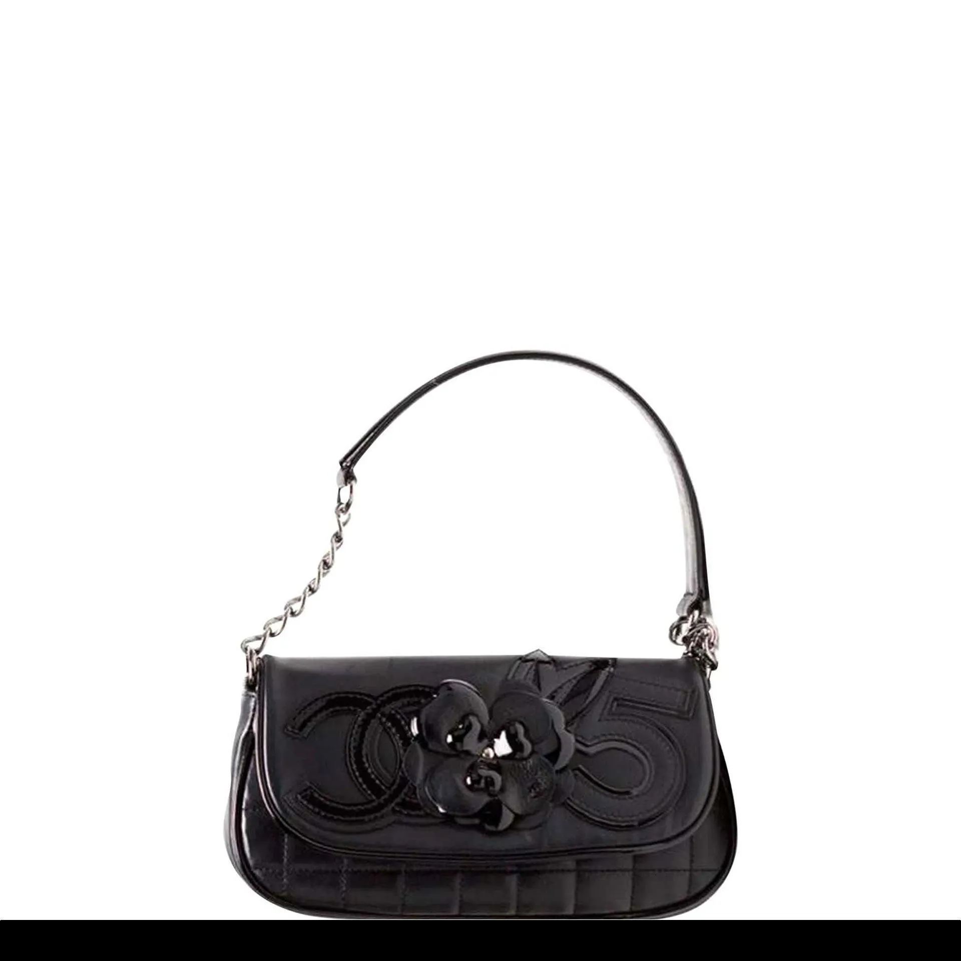 Chanel Cambon Quilted Lambskin Camellia No. 5 Flap Black Patent Leather Shoulder Bag