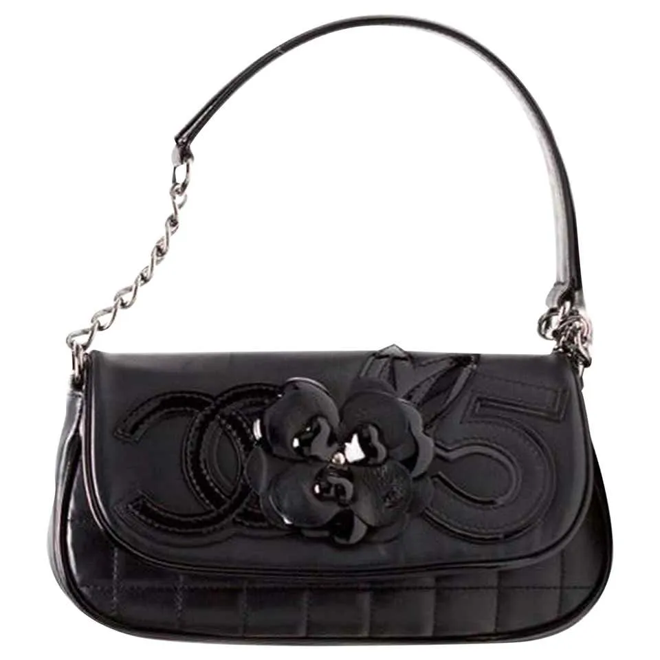 Chanel Cambon Quilted Lambskin Camellia No. 5 Flap Black Patent Leather Shoulder Bag