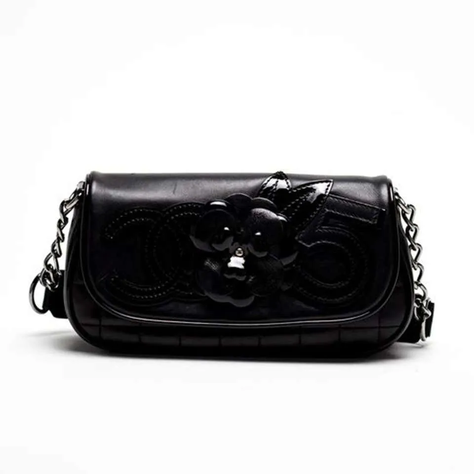 Chanel Cambon Quilted Lambskin Camellia No. 5 Flap Black Patent Leather Shoulder Bag