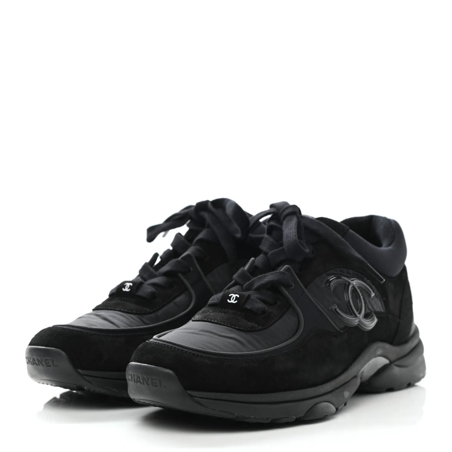 CHANEL Nylon Calfskin Suede CC TRIPLE BLACK TRAINER