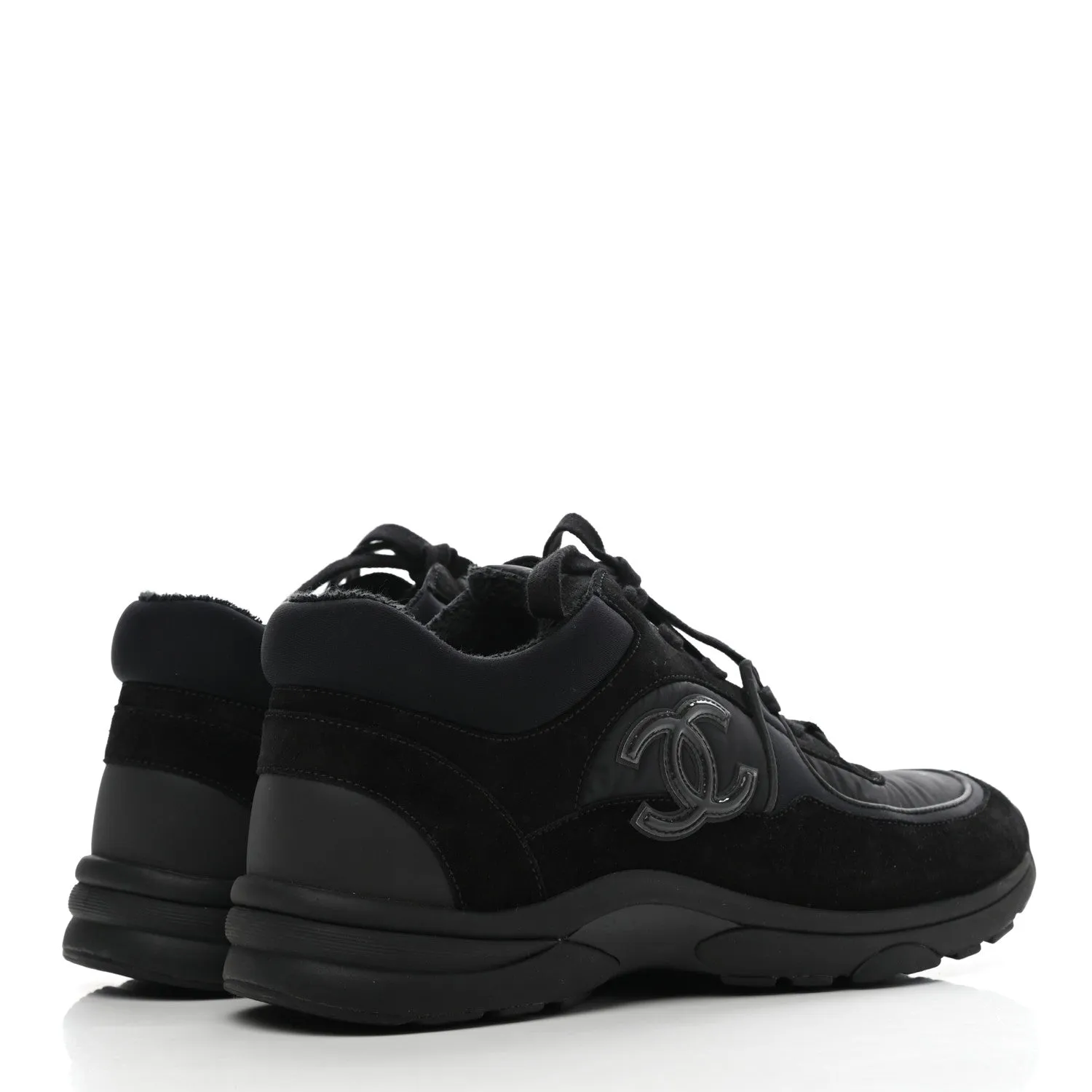 CHANEL Nylon Calfskin Suede CC TRIPLE BLACK TRAINER