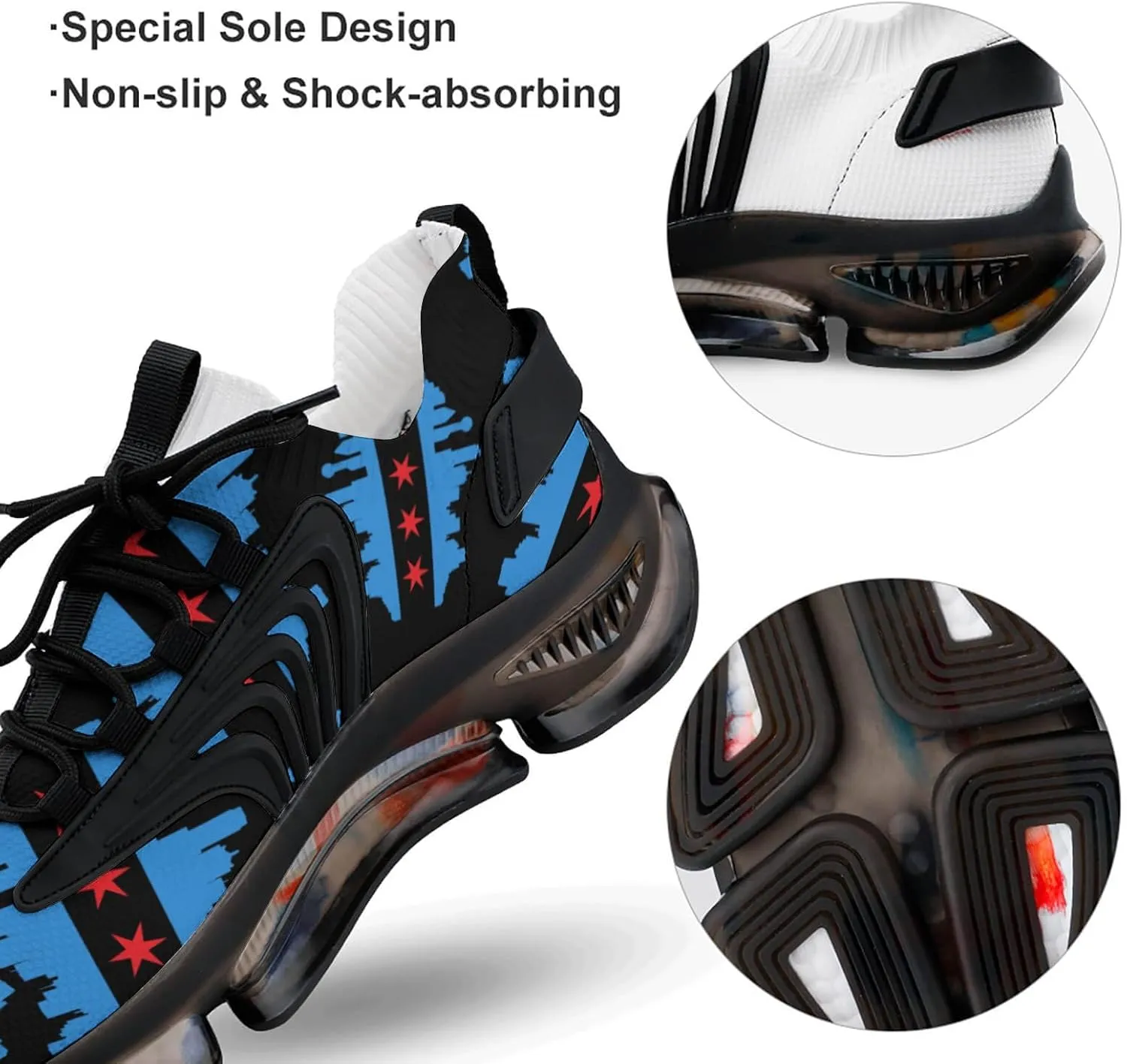 Chicago Flag with Buildings Skyline Running Shoes for Men Low Top Athletic Training Shoe Sports Walking Shoes Non-Slip Gym Sneakers