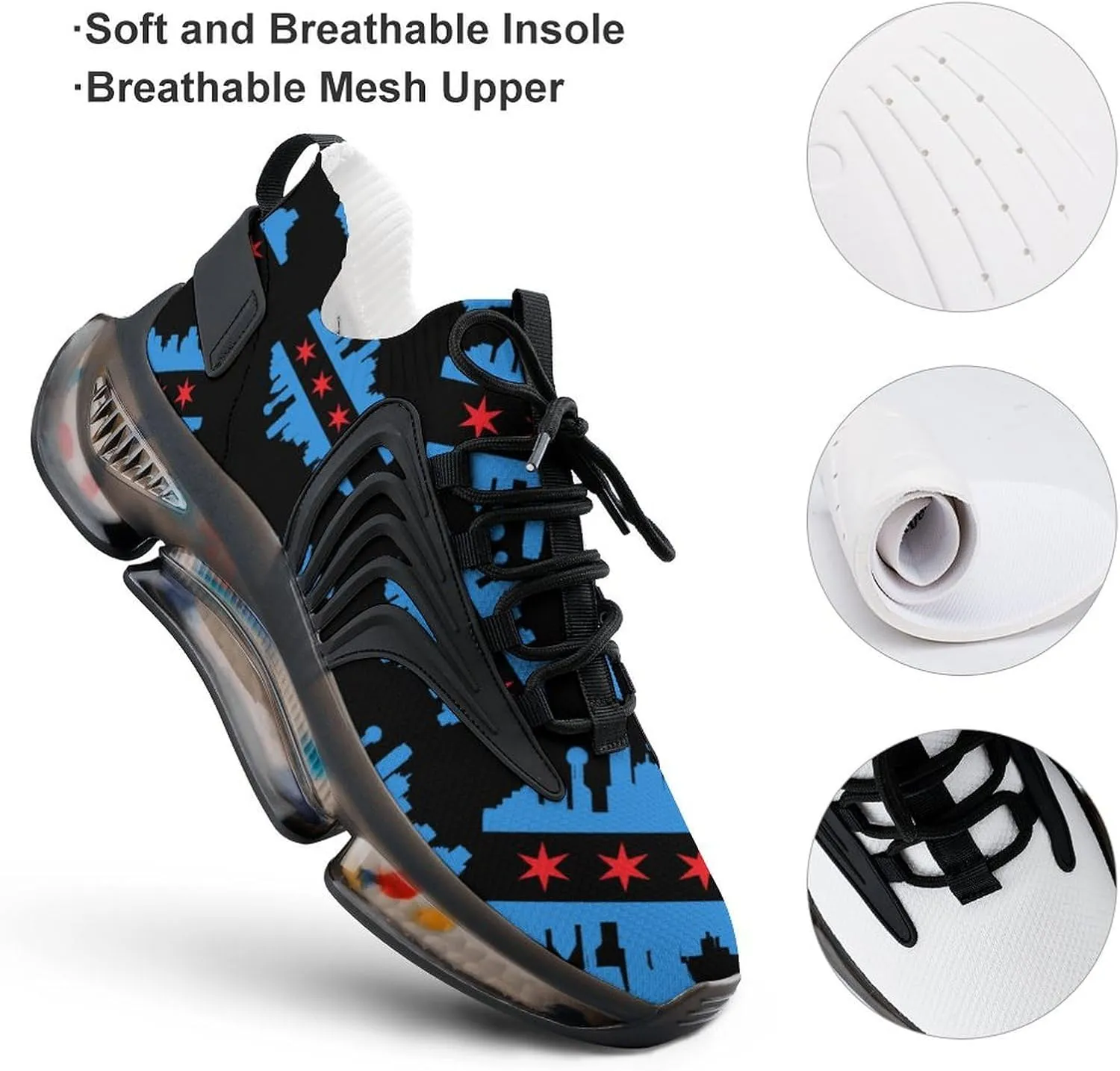 Chicago Flag with Buildings Skyline Running Shoes for Men Low Top Athletic Training Shoe Sports Walking Shoes Non-Slip Gym Sneakers