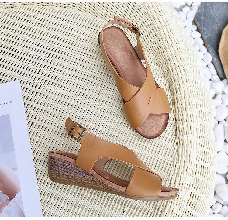 Chicvane Criss Cross Straps Womens Wedge Sandals with Buckle