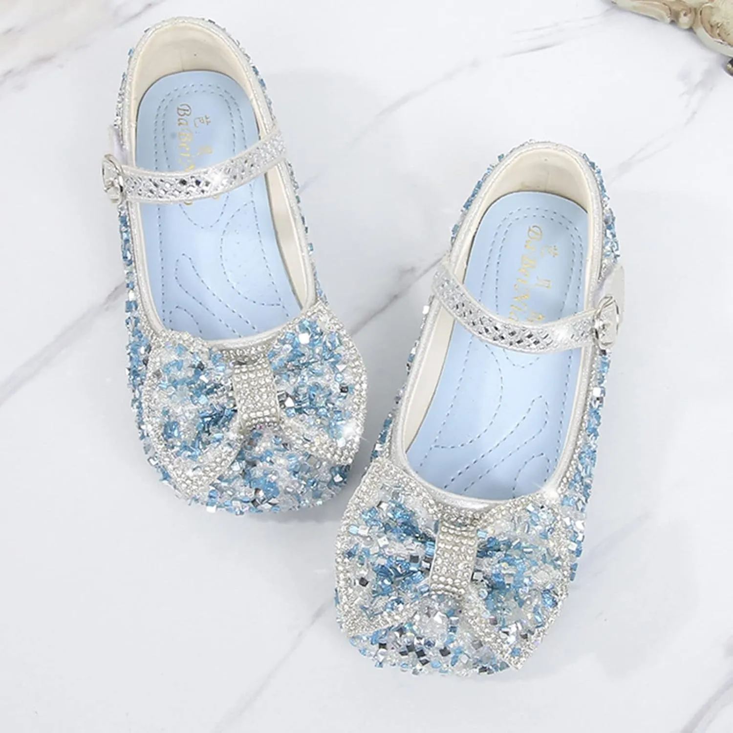 Children Bow Knit Princess Cute Shoes Pearl Sandals for Party Toddler Butterfly Rhinestone Shinny Little Girls Booties (Blue, 3.5-4 Years)
