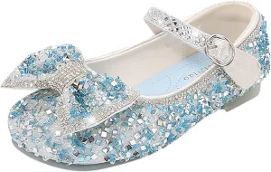 Children Bow Knit Princess Cute Shoes Pearl Sandals for Party Toddler Butterfly Rhinestone Shinny Little Girls Booties (Blue, 3.5-4 Years)