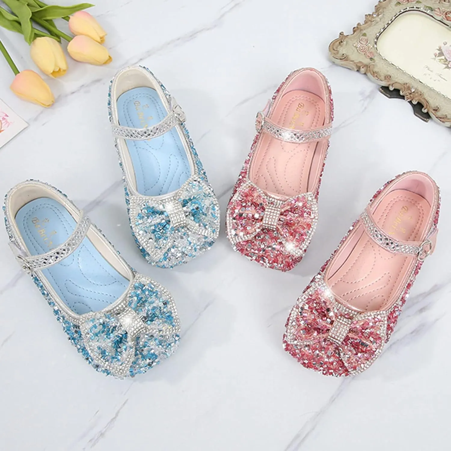 Children Bow Knit Princess Cute Shoes Pearl Sandals for Party Toddler Butterfly Rhinestone Shinny Little Girls Booties (Blue, 3.5-4 Years)
