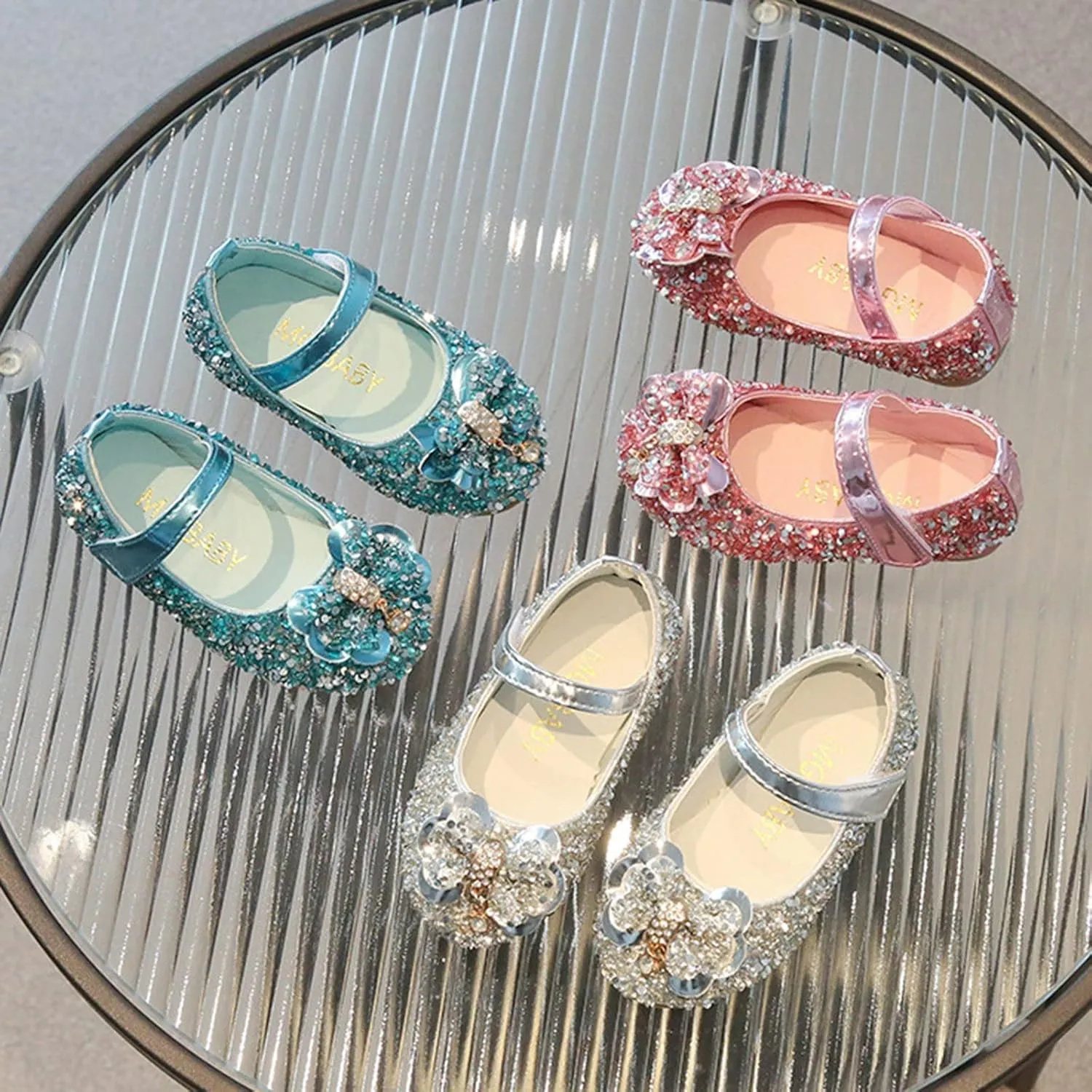 Children Shoes Fashion Band Diamond Flat Bottom Princess Shoes Fashion Bow Princess Shoes Soft Girls Toddlers Shoes (Blue, 2.5-3 Years Toddler)