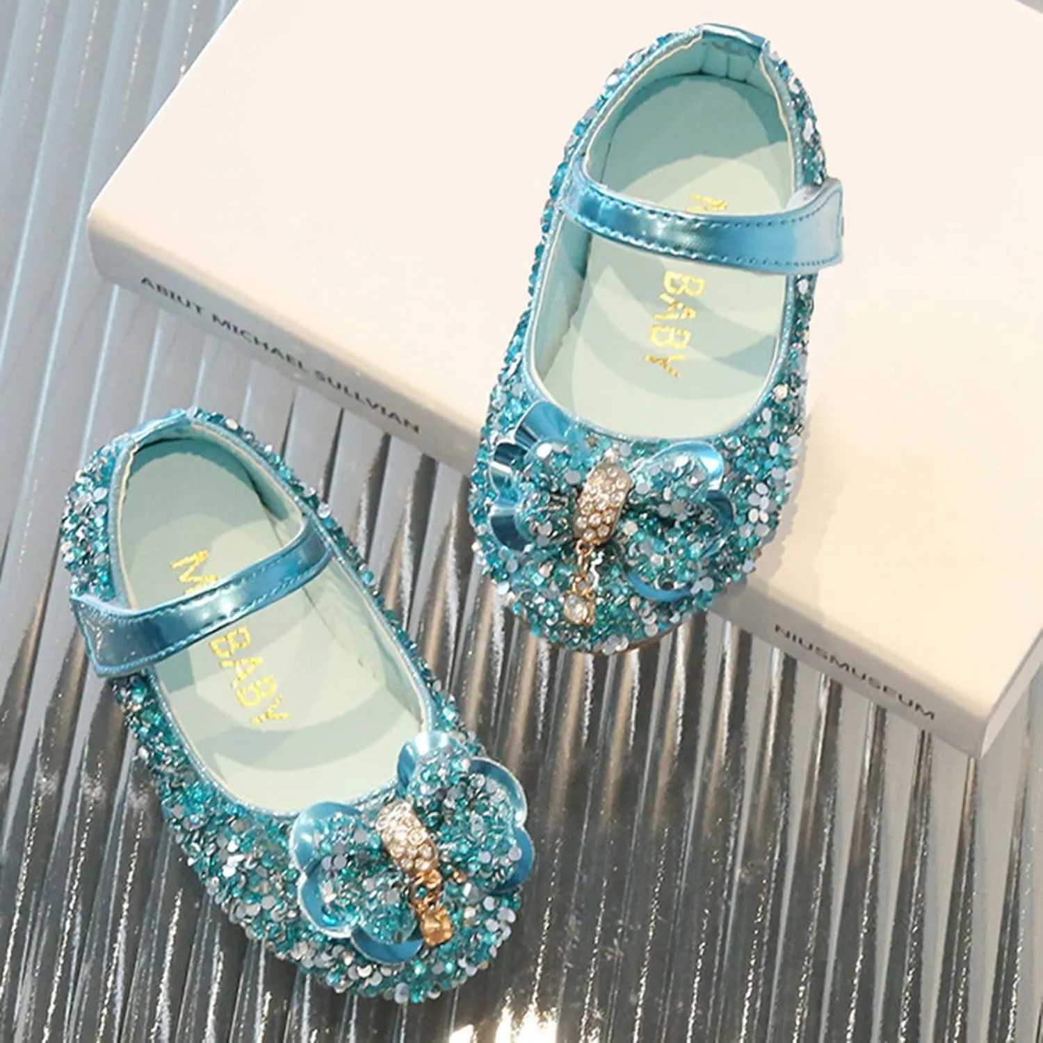 Children Shoes Fashion Band Diamond Flat Bottom Princess Shoes Fashion Bow Princess Shoes Soft Girls Toddlers Shoes (Blue, 2.5-3 Years Toddler)