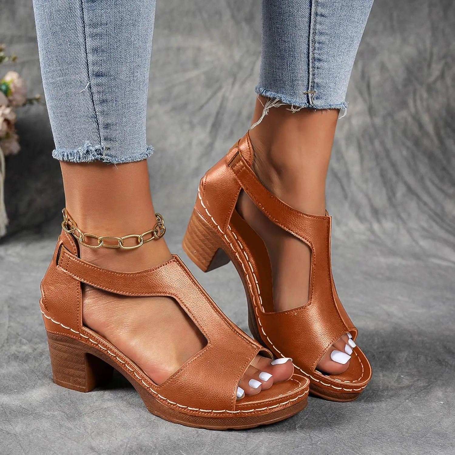 Chunky Heel Sandals for Women Platform Wedges Open Toe Wedges Heels Dressy Summer Comfortable Platform Sandals Ankle Strap Low Heels Casual Hollow Out Shoes Work Sandal for Women Office