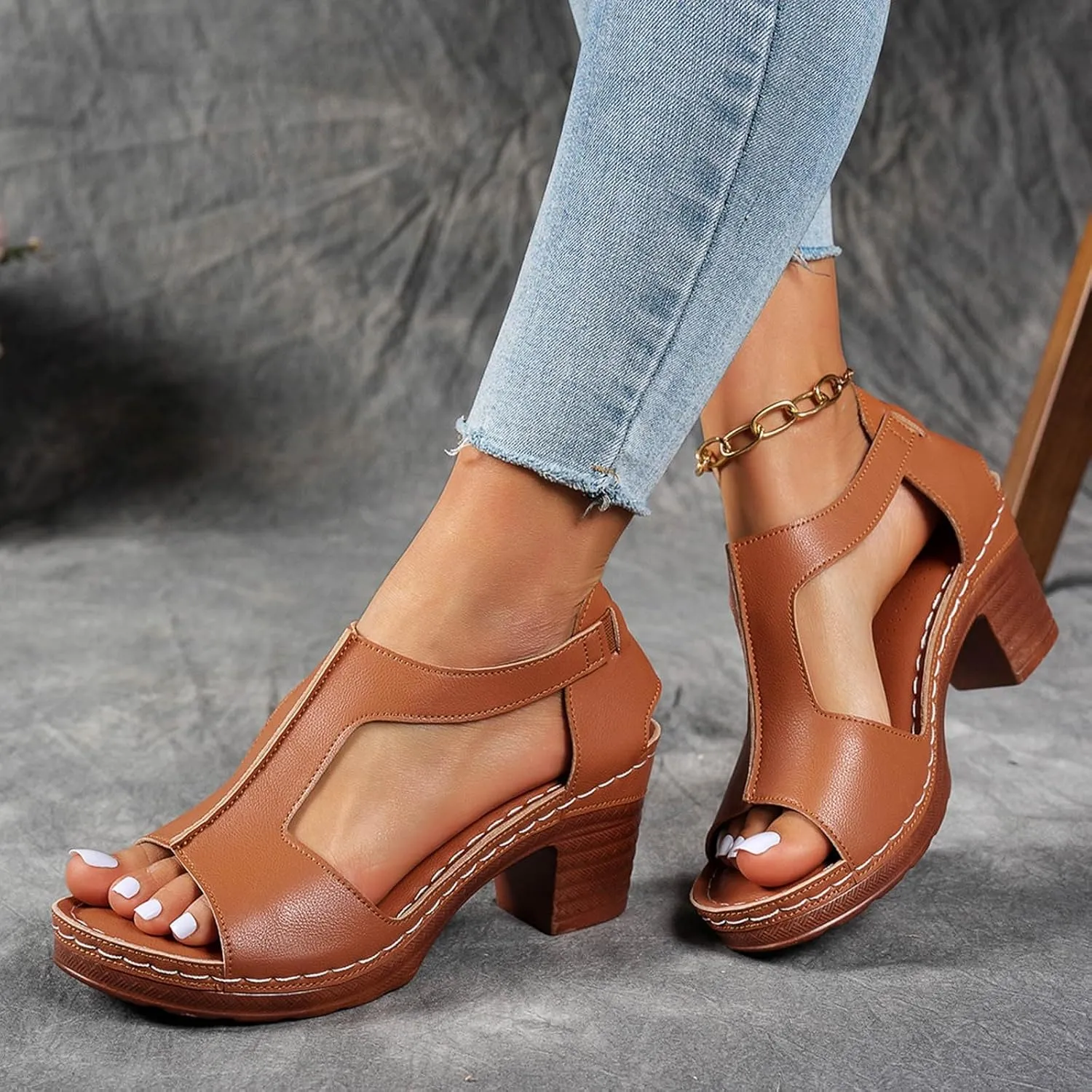 Chunky Heel Sandals for Women Platform Wedges Open Toe Wedges Heels Dressy Summer Comfortable Platform Sandals Ankle Strap Low Heels Casual Hollow Out Shoes Work Sandal for Women Office