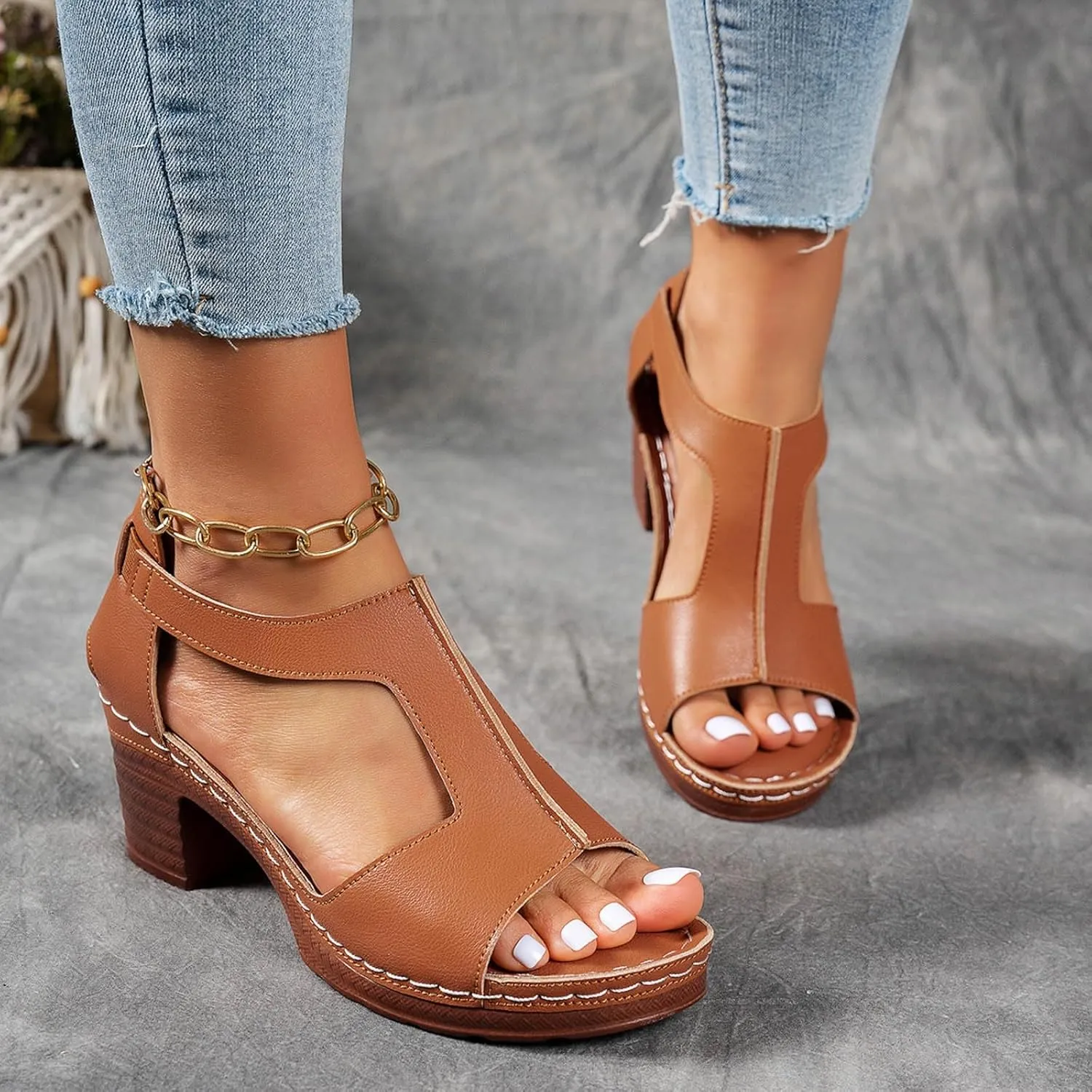 Chunky Heel Sandals for Women Platform Wedges Open Toe Wedges Heels Dressy Summer Comfortable Platform Sandals Ankle Strap Low Heels Casual Hollow Out Shoes Work Sandal for Women Office