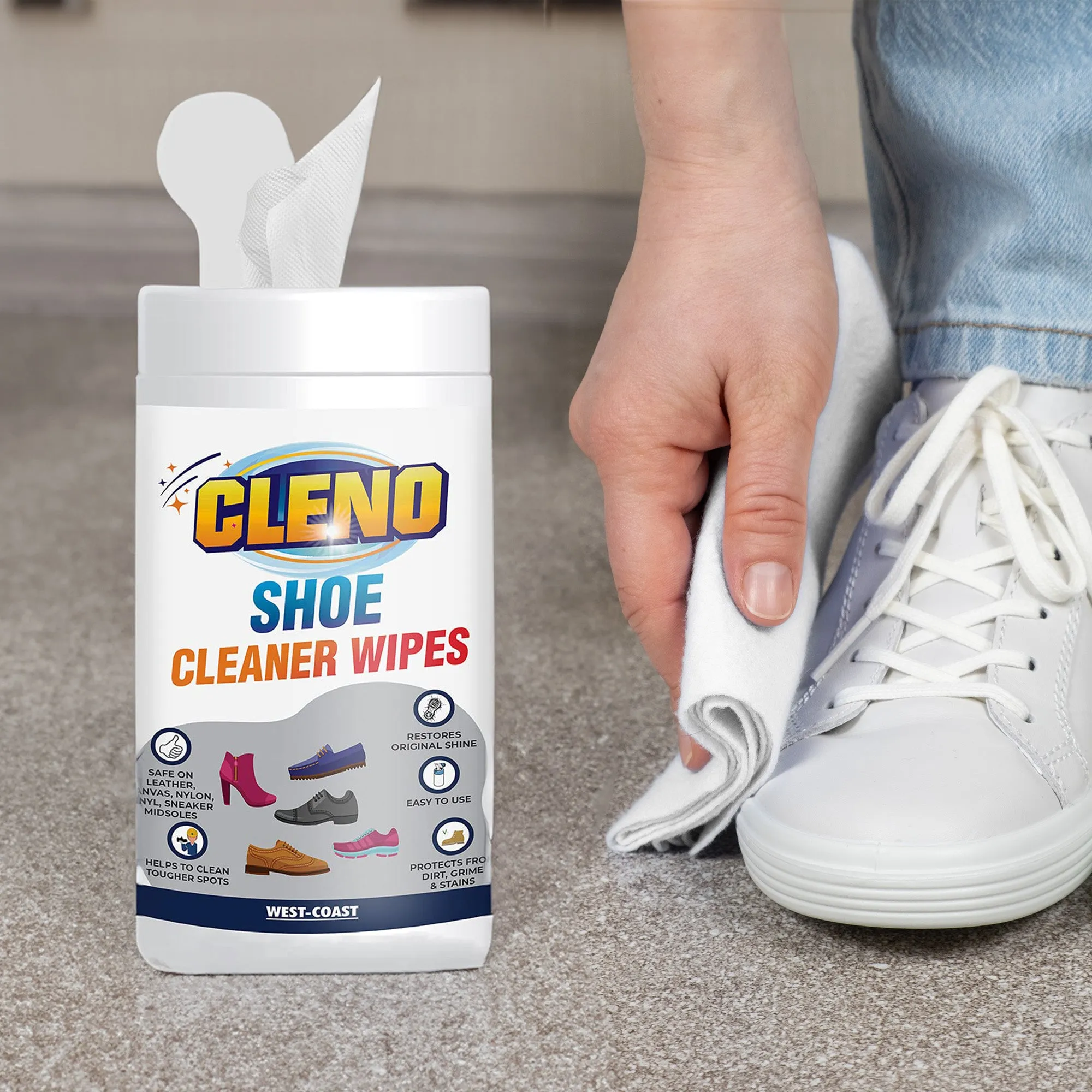 Cleno Shoe Cleaner Wet Wipes for Loafers, Sandals, Slippers, Traditional Footwear, Athletic, Sneakers, White & Golf-Tennis Shoes, Scrub Off Dirt, Mud, Grass Stains - 50 Wipes (Pack of 2,Ready to Use)