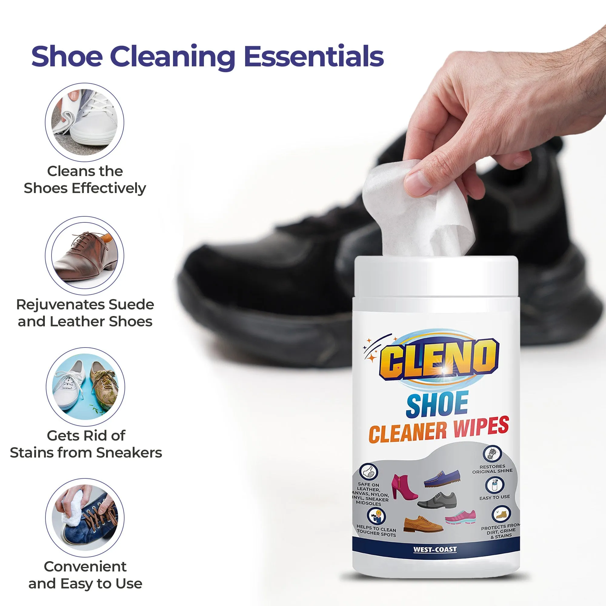 Cleno Shoe Cleaner Wet Wipes for Loafers, Sandals, Slippers, Traditional Footwear, Athletic, Sneakers, White & Golf-Tennis Shoes, Scrub Off Dirt, Mud, Grass Stains - 50 Wipes (Pack of 2,Ready to Use)