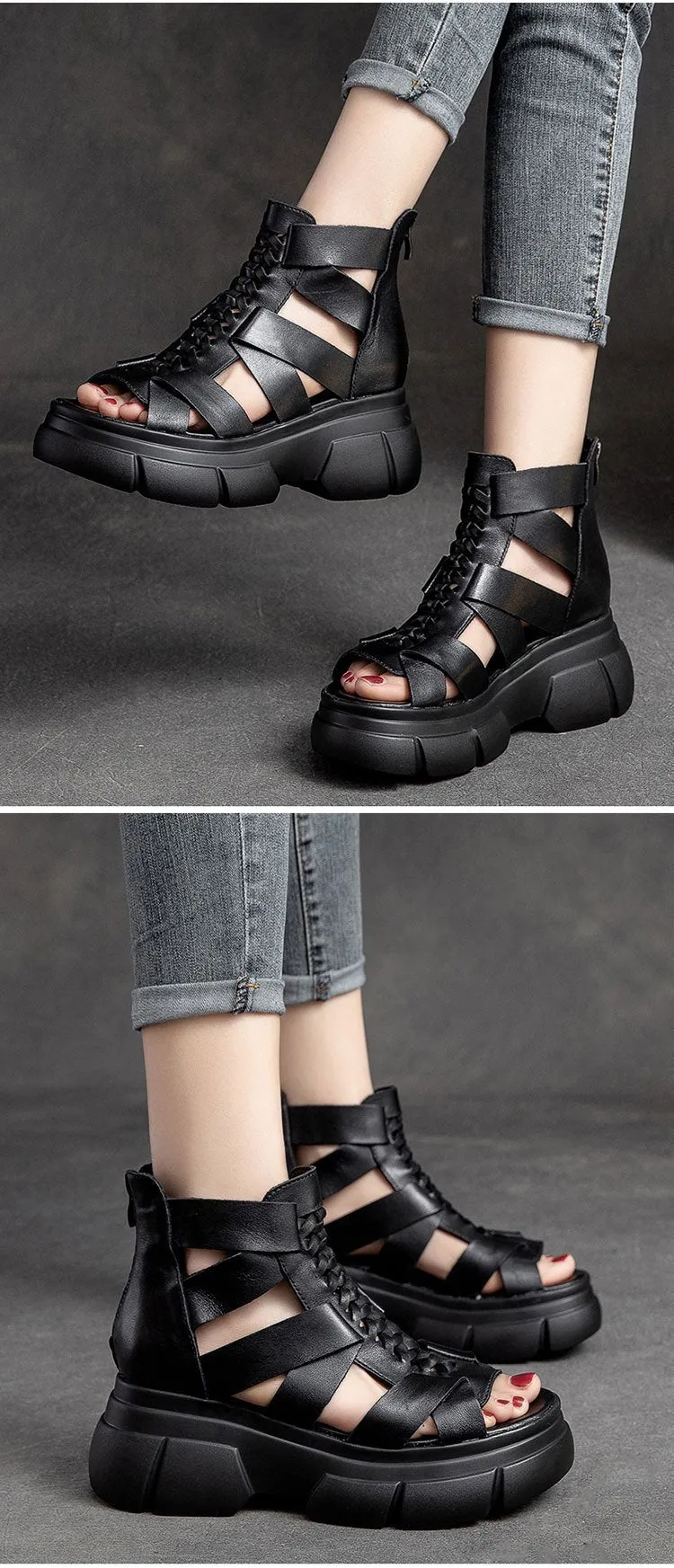 Comfortable Leather Retro Chunky Rocking Sandals