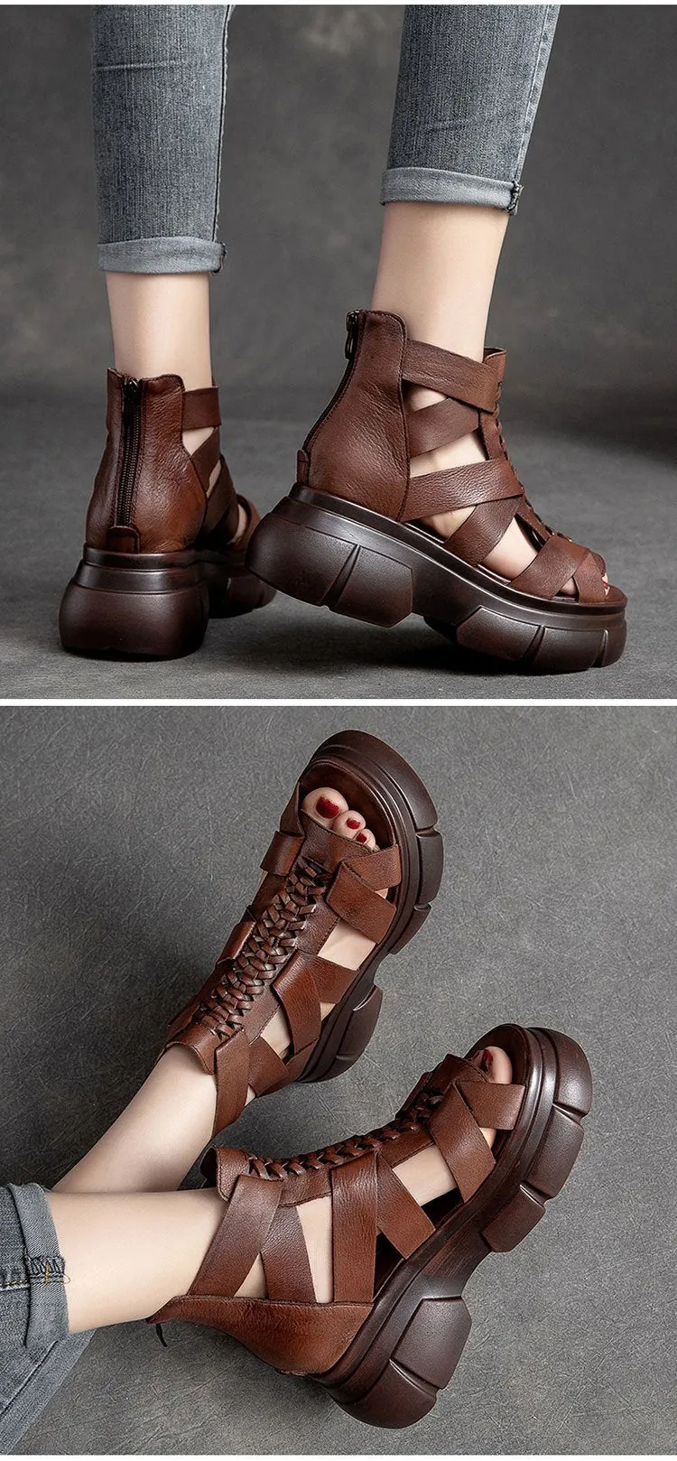 Comfortable Leather Retro Chunky Rocking Sandals