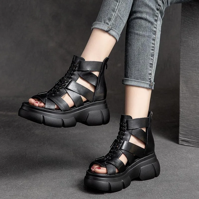 Comfortable Leather Retro Chunky Rocking Sandals