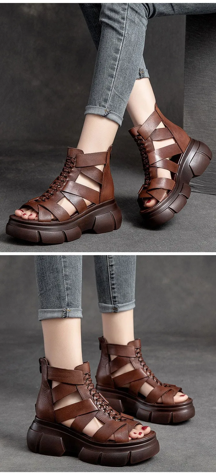 Comfortable Leather Retro Chunky Rocking Sandals
