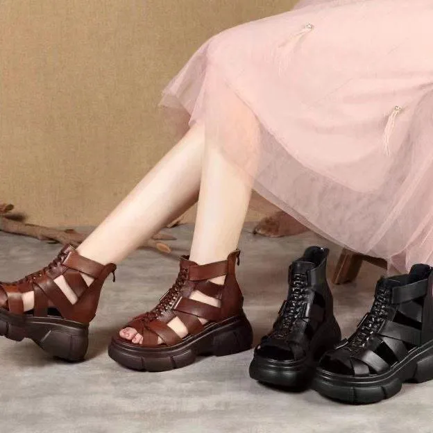 Comfortable Leather Retro Chunky Rocking Sandals