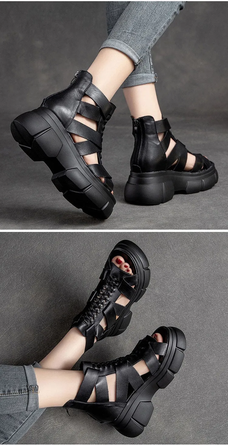 Comfortable Leather Retro Chunky Rocking Sandals