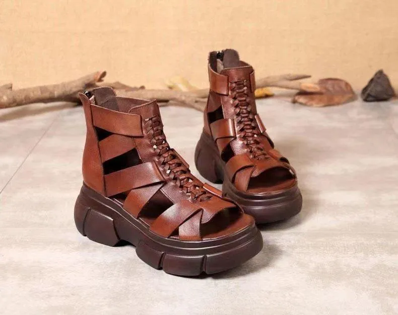 Comfortable Leather Retro Chunky Rocking Sandals