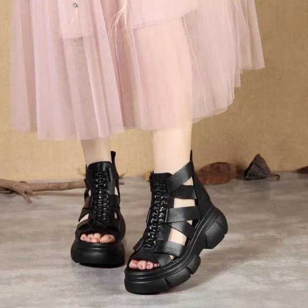 Comfortable Leather Retro Chunky Rocking Sandals