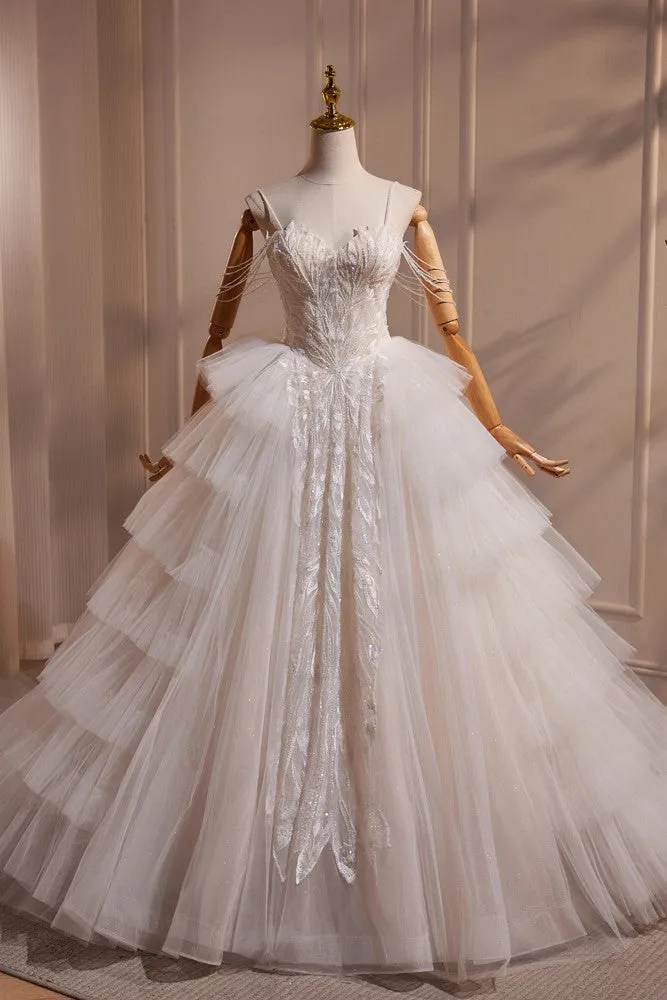 Elegant Spaghetti Straps Layered Beading Wedding Dress