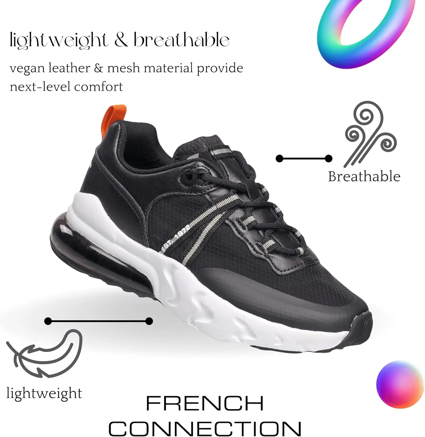 French Connection Women's Premium Breathable Athletic Shoes Walking Running Workout Tennis Comfortable Non Slip Fashion Sneakers for Women with Air Cushion