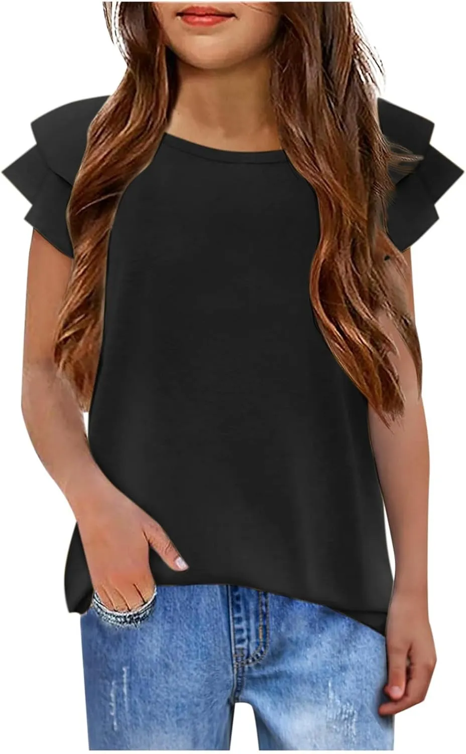Girls Short Sleeve T-Shirts for Kids 3-12Y Trendy Elegant Dressy Crewneck Flutter Short Sleeve Tunic Tops Activewear Playwear