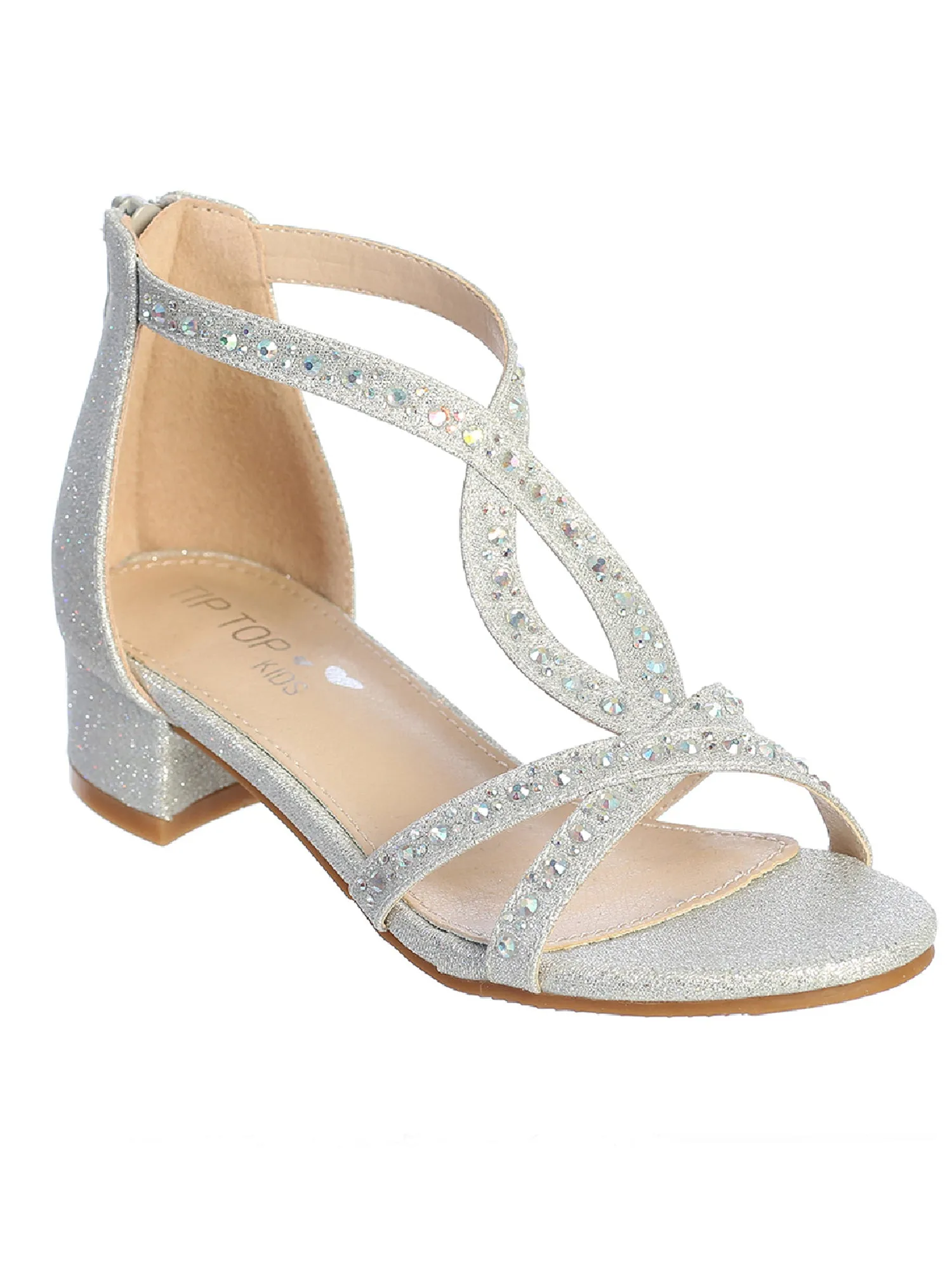 Girls Silver Rhinestone Low Heel Strappy Sandals 9 Toddler-5 Kids